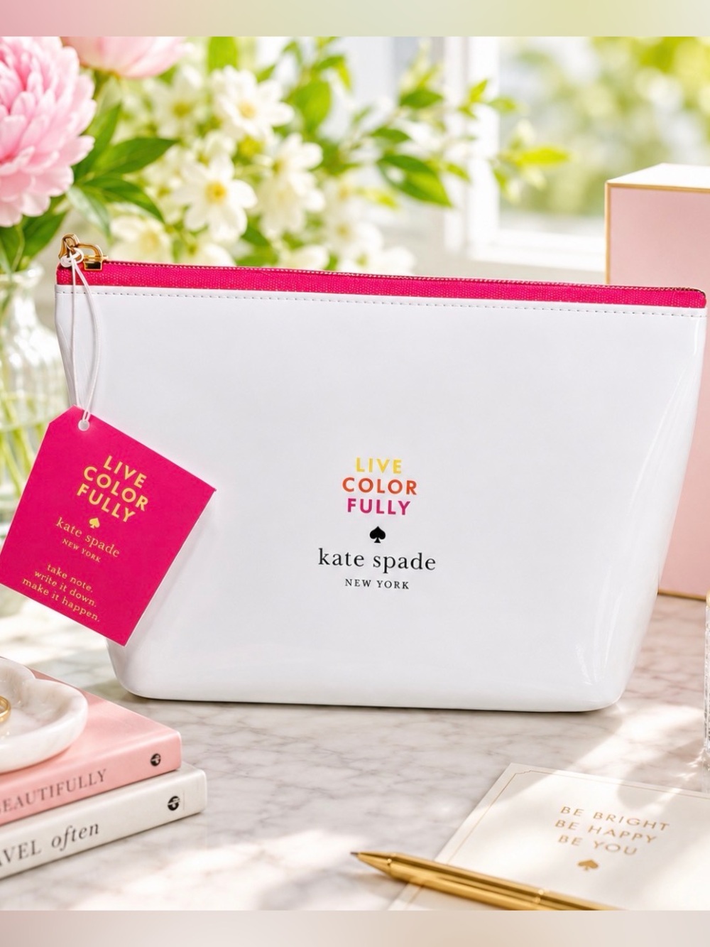 NEW Kate Spade Cosmetic Make-Up Bag LIVE COLORFULLY Bag Pouch White Neon NWT